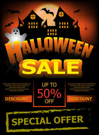 Halloween Sale template poster or banner. Vertical background with ghost, castle and bats. Vector illustration.のイラスト素材