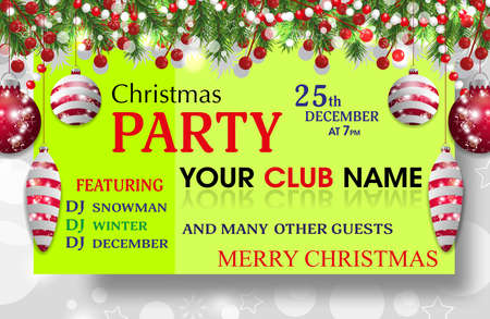 Christmas party invitation green template. New Year background decoration with fir branches, beads and holly berry and red baubles. Vector illustration.のイラスト素材