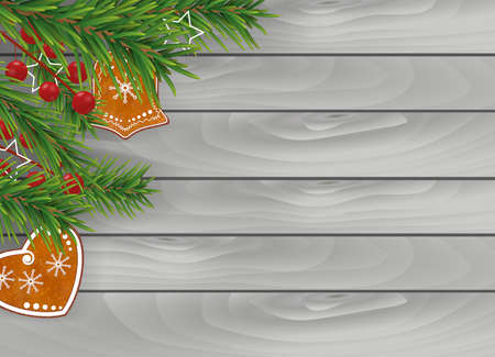 Christmas wooden gray background with Gingerbread cookies, Christmas tree branches and Holly berries for Xmas and New Year design. Vector illustration.のイラスト素材