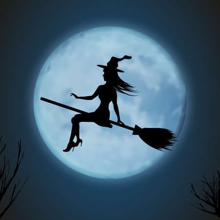 Halloween background. Young witch flying on a broomstick on the background of the full moon. Vector illustration.のイラスト素材