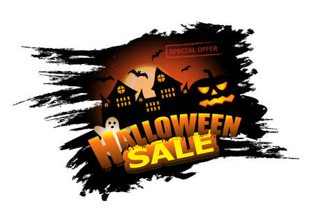 Halloween Sale elements design for poster or banner with castle and pumpkin. Holiday background with ghost and bats. Vector illustration.のイラスト素材