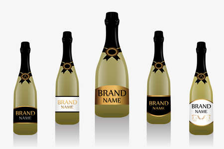 Champagne bottle or sparkling wine with label. Collection of five light glass bottles isolated on white background. Vector illustration.のイラスト素材