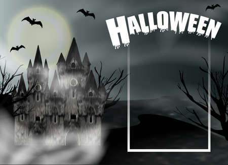 Halloween background with gothic castle in fog and full moon. Fantasy night panoramic view with frame. Vector illustration.のイラスト素材