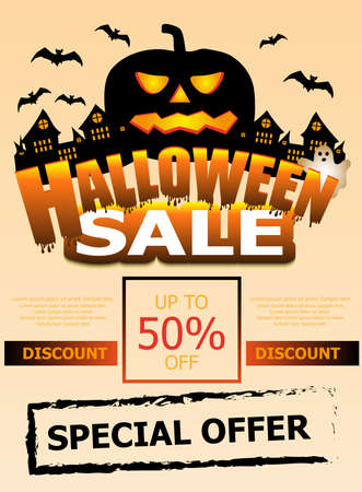 Halloween Sale template poster or banner. Vertical background with pumpkin and ghost. Vector illustration.のイラスト素材