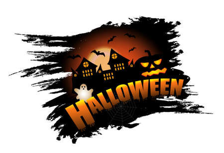 Halloween elements design for poster or banner with castle and pumpkin. Holiday background with ghost and bats. Vector illustration.のイラスト素材