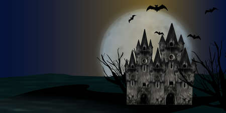 Halloween background with castle, full moon and bats. Vector illustration.のイラスト素材