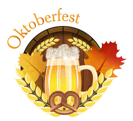 Emblem Beer Festival Oktoberfest in Germany for poster or banner with fresh lager beer, barrel and pretzel, maple leafs. Vector illustration.のイラスト素材