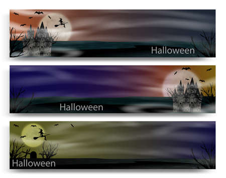 Halloween banner set with gothic castle, flying young witch, bats and full moon. Vector illustration.のイラスト素材