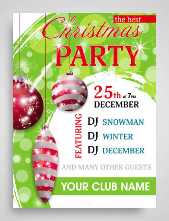 Christmas party invitation vertical template with red baubles. Green New Year background. Vector illustration.のイラスト素材