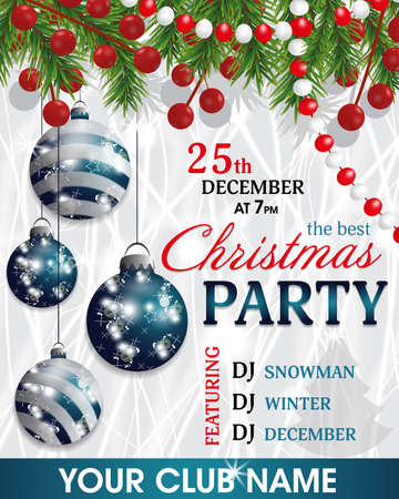 Christmas and New Year background. Christmas party invitation decoration with fir branches, beads and blue balls. Vector illustration.のイラスト素材