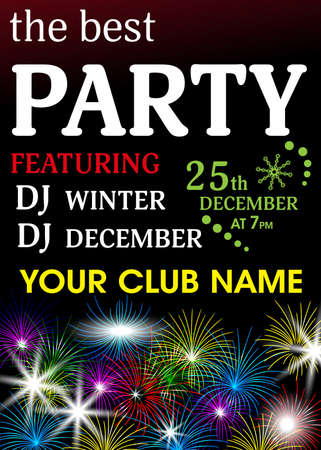 Template party invitation. Background with sparkling colorful fireworks for poster or banner. Vector illustration.のイラスト素材