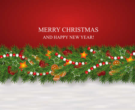 Christmas and New Year snowy background decorated garland and border of realistic looking Christmas tree branches decorated with Berries, stars and Gingerbread cookies, beads. Vector illustration.のイラスト素材