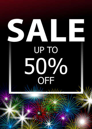 Holiday Sale template for poster or banner with sparkling colorful fireworks. Vector illustration.のイラスト素材