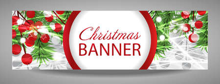 Christmas and New Year banner with fir branches and red berries. Vector illustration with place for your text.のイラスト素材
