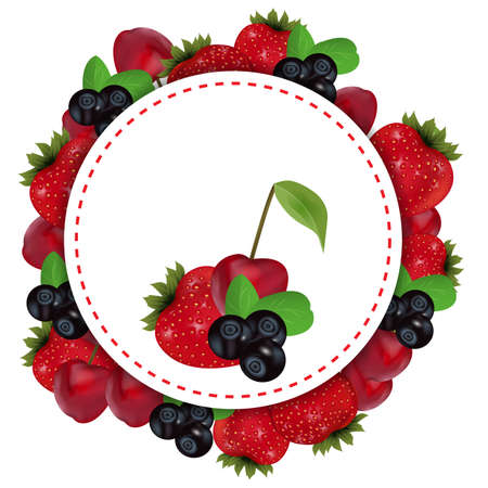 Berries label with strawberry, cherry and blueberry. Vector illustrationのイラスト素材