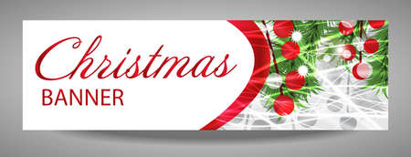 Christmas and New Year banner with fir branches and red berries. Vector illustration with place for your text.のイラスト素材