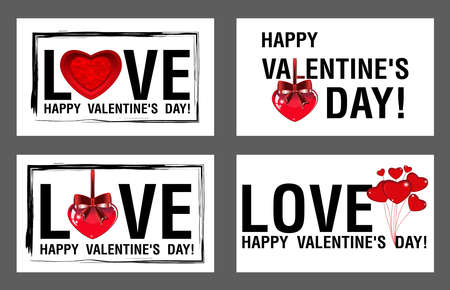 Happy Valentine's Day greeting set banner. Love with hearts and red bow on tape. Vector illustration.のイラスト素材