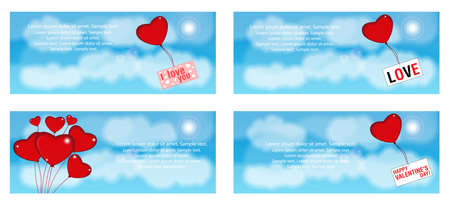 A set of banners balloons in the shape of a heart in the sky. Vector illustration.のイラスト素材