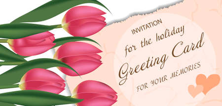 Greeting card with pink tulips, with free space for text. Spring flowers. Mother's or Valentine's day background. Vector illustration.のイラスト素材