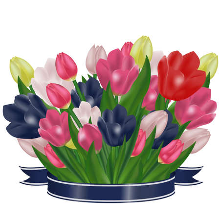 Bouquet of tulips with a blue ribbon. Festive spring flowers. Holiday symbol. Vector illustration.のイラスト素材