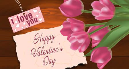 Bouquet of tulips on a wooden background, with free space for text. Spring flowers. Valentine's day background. Vector illustration.のイラスト素材