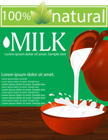 Milk being poured from a jug into a bowl on a wooden table. Splash. Green background. Vector illustration.のイラスト素材
