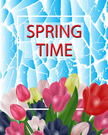 Spring flowers. Beautiful tulips on an abstract blue background with cracks. Water simulation. Template. Vector illustration.のイラスト素材