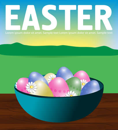 Poster Easter eggs in a turquoise plate on a wooden table. Background field, sky and sun. Vector illustration.のイラスト素材