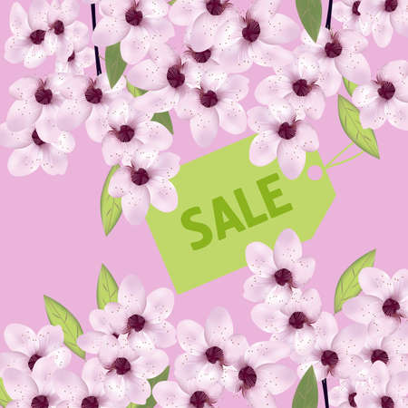 Spring flowers. Sakura or cherry. The poster with sale label. Vector illustration.のイラスト素材