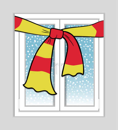 Plastic window with a scarf. Outside the snow is falling. Warm window concept. Vector illustration.のイラスト素材