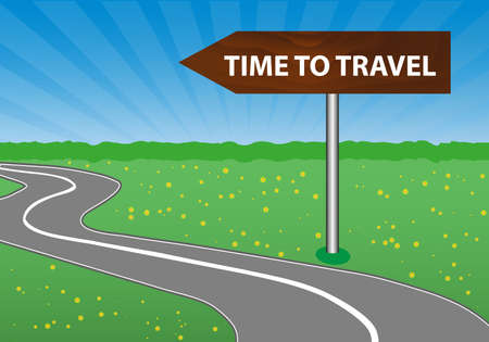 The concept of a time to travel. The road sign is wooden. Arrow. A winding road, sunny space, a forest and a meadow with flowers. Vector illustration.のイラスト素材