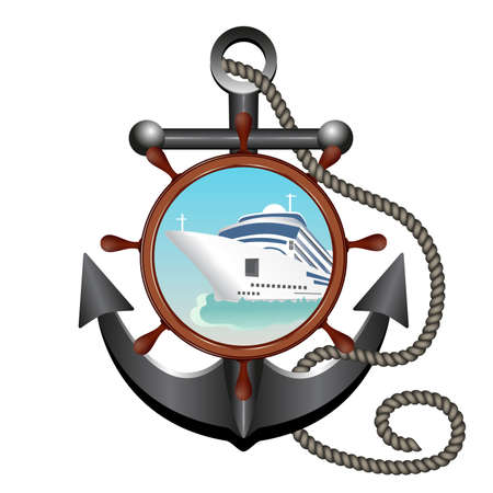 Anchor, rope, helm and porthole with the ship. Concept advertising sea travel. Vector illustration.のイラスト素材