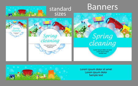 Cleaning service. Set spring banners for the website. Templates standard size. Vector illustration.のイラスト素材