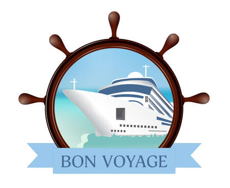 Helm and porthole with the ship, ribbon. Concept advertising sea travel. Vector illustration.のイラスト素材