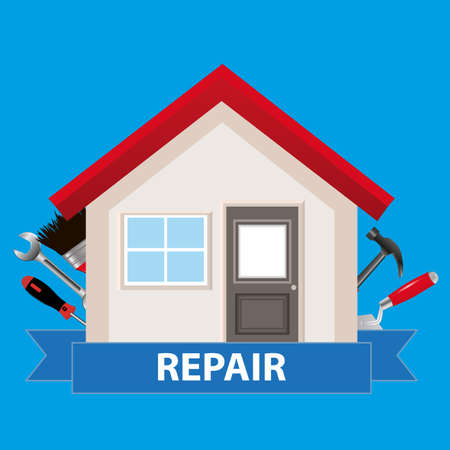 The concept for commercial construction and home renovation. House with tools and tape on a blue background. Vector illustration.のイラスト素材
