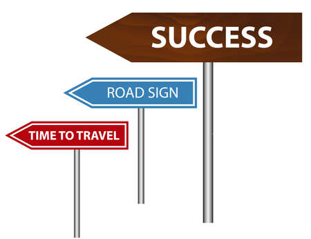 Three road sign. Arrow wood, red and blue. Vector illustration.のイラスト素材