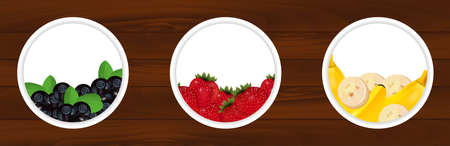 Set stickers with fresh bilberry, strawberries and banana on wooden background. Labels for juice, chocolate, yogurt and etc. Vector illustration.のイラスト素材