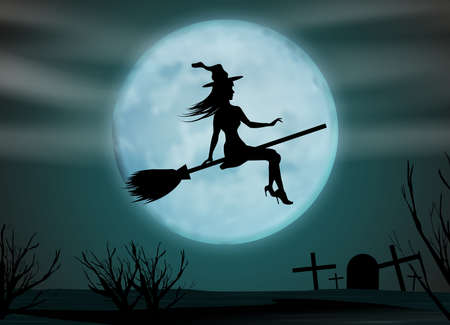 Halloween background. Young witch flying on a broomstick on the background of a full moon above cemetery. Vector illustration.のイラスト素材