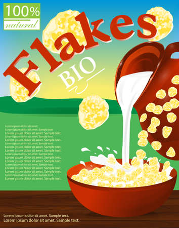 Flakes corn or wheat in a bowl. Milk pouring from the jug a plate. Label for cereal boxes. Background field, sky and sun. Vector illustration.のイラスト素材