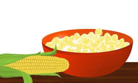 Cereal in a dish and corn on the wooden table. Vector illustration.のイラスト素材