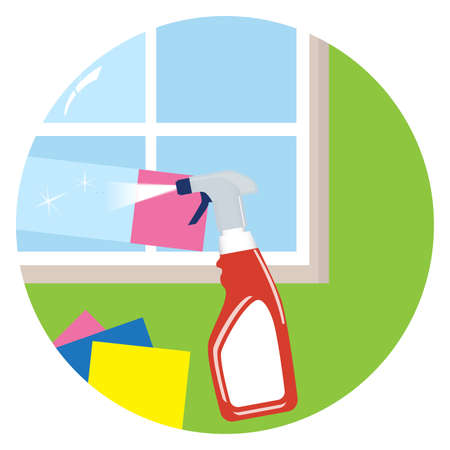 Cleaning window and cleaner detergent in plastic bottle with spray. Vector illustration.のイラスト素材