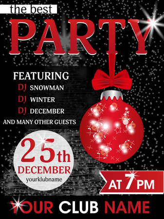 Black template poster Christmas party and New Year with bauble. Holidays flyer design.のイラスト素材