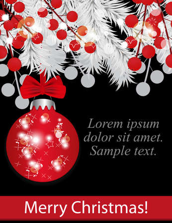 Christmas black background with fir white branches and holly berries red bauble with bow. Vector illustration.のイラスト素材