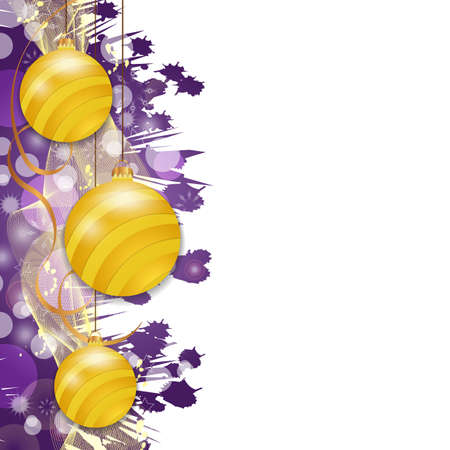 Purple Christmas background with hung yellow baubles. Decorative balls elements for holiday design. Vector illustration.のイラスト素材