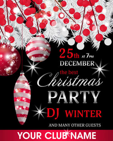 Christmas party invitation template black background with fir white branches and holly berry and red baubles.のイラスト素材