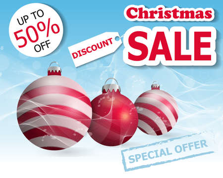 Christmas sale poster or banner with three Christmas balls. Vector illustration.のイラスト素材