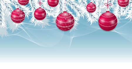 Christmas blue background with tree white branches and red balls. Holidays baubles decoration banner. Vector illustration.のイラスト素材
