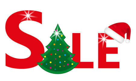 Christmas sale banner with Christmas Tree and Santa hat isolated on white background. Vector illustration.のイラスト素材