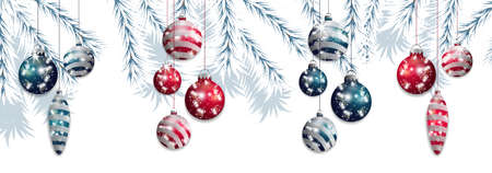 Set red and blue hanging Christmas baubles on a background of white fir branches. Decorative elements for holiday design. Vector illustration.のイラスト素材
