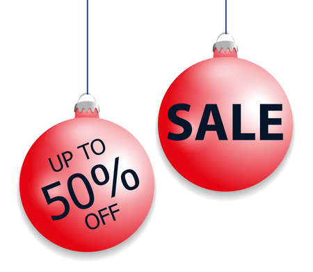 Set hanging red Christmas balls and sale discount. Decorative baubles elements isolated on white background for holiday sale design. Vector illustration.のイラスト素材